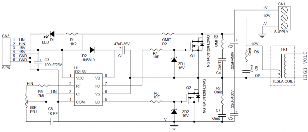 Tesla Coil Example picture from High Power Voltage Current Half Bridge Driver Introduction