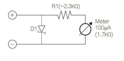 Schottky rectifier, 100 &mu; A / 1.7 k&Omega; meter and suitable series resistance