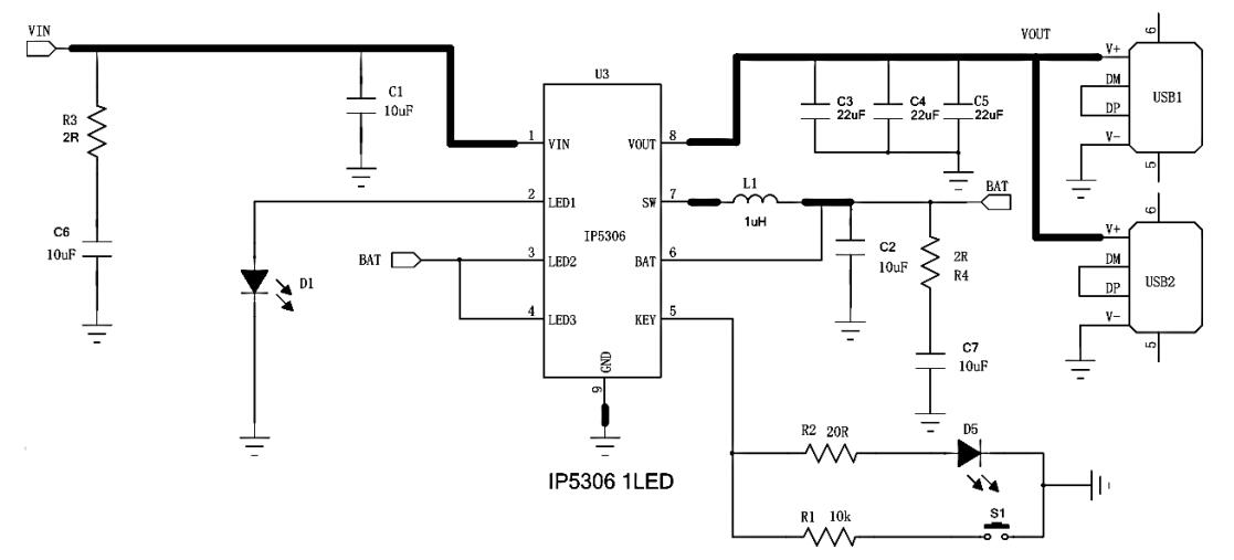 1LED Power display typical application schematic